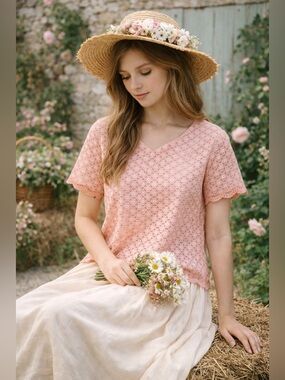 Handmade Pink Lace Floral Blouse Womens Small Cottagecore Vintage Style